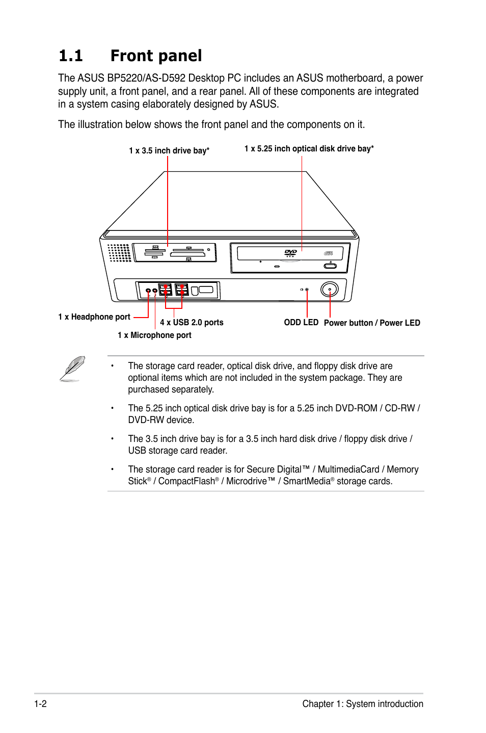 1 front panel, Front panel -2 | Asus BP5220 User Manual | Page 14 / 74