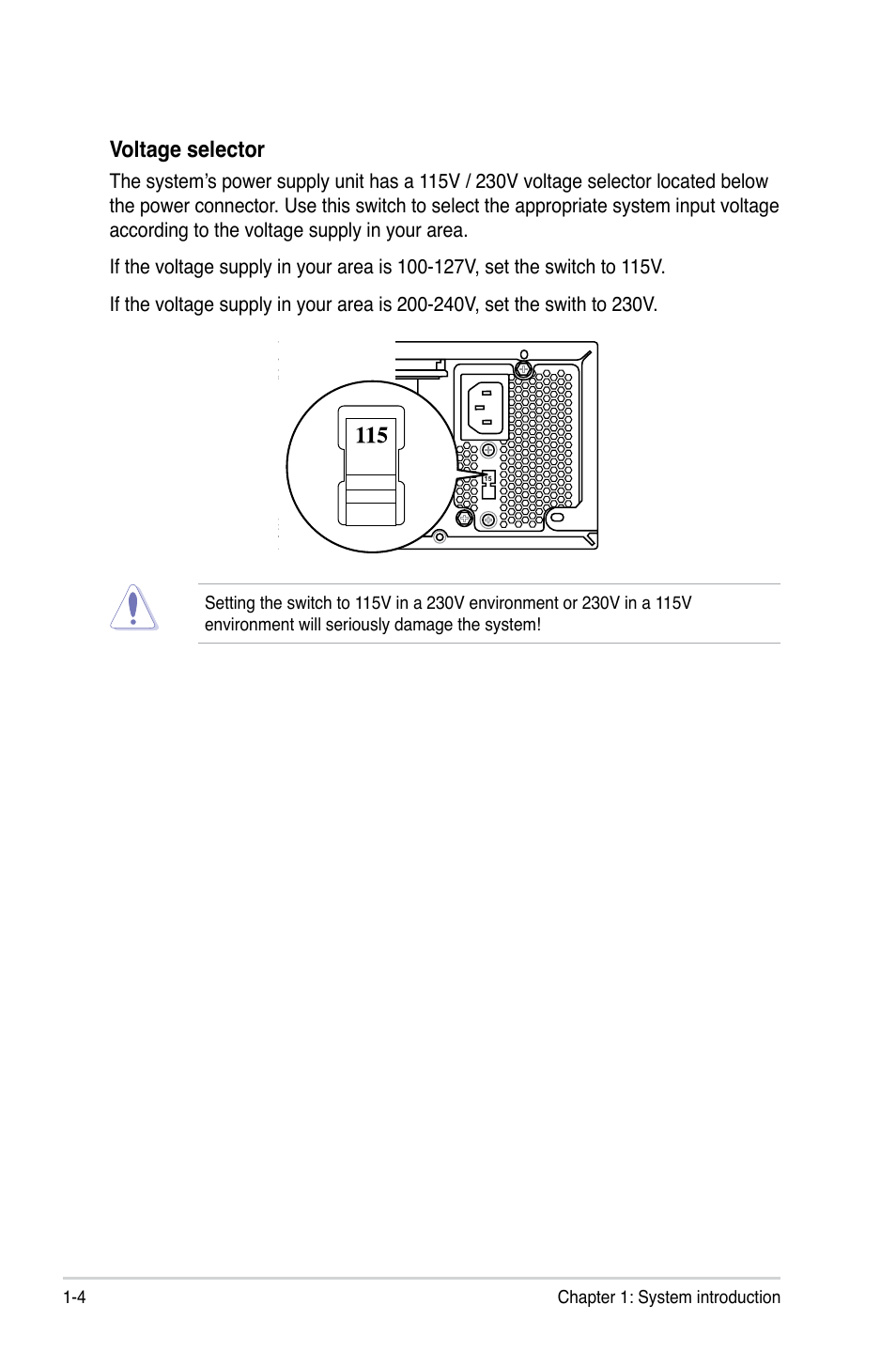 Voltage selector, 4 chapter 1: system introduction | Asus BP5220 User Manual | Page 16 / 74