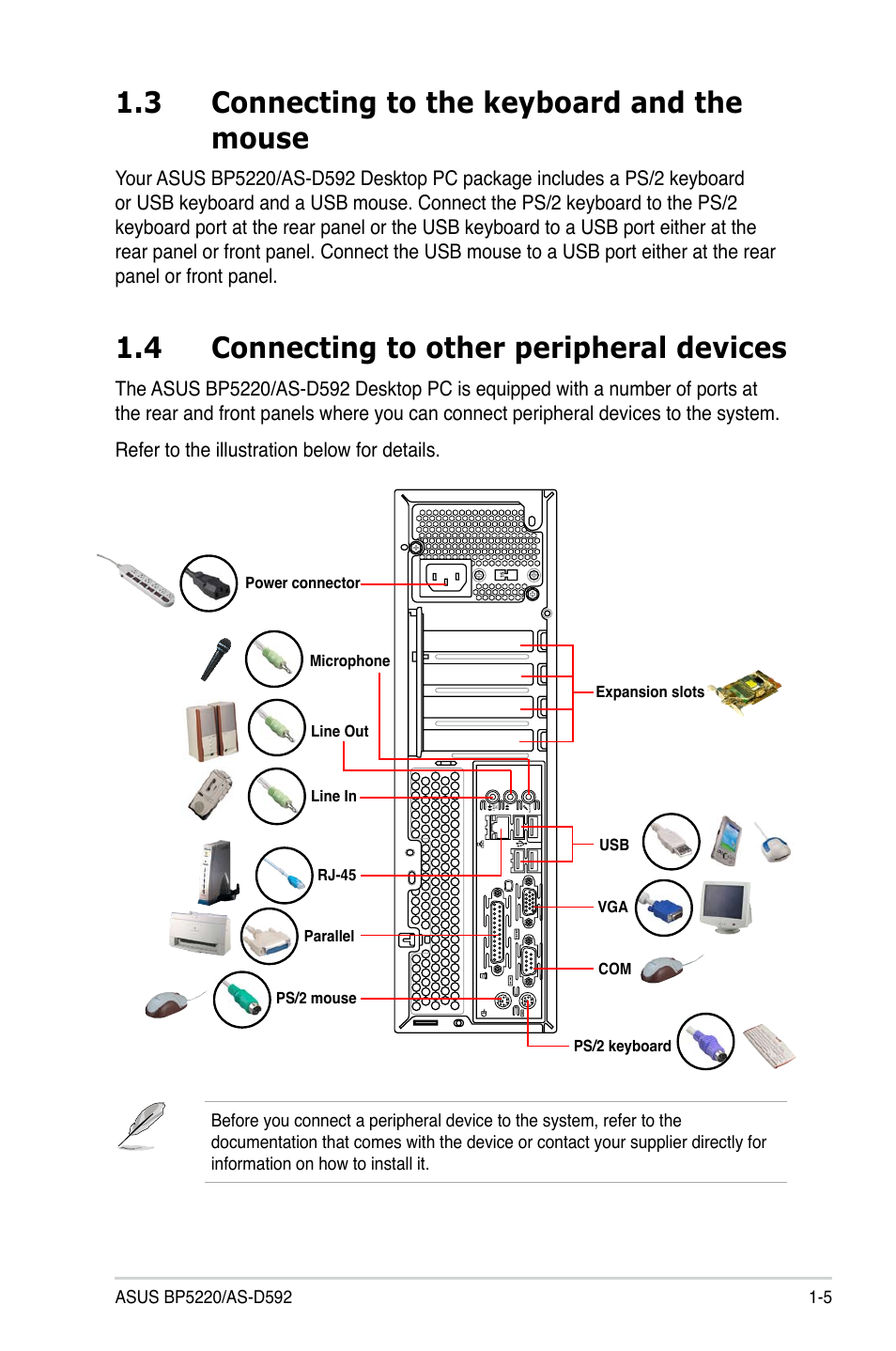 3 connecting to the keyboard and the mouse, 4 connecting to other peripheral devices, Connecting to the keyboard and the mouse -5 | Connecting to other peripheral devices -5 | Asus BP5220 User Manual | Page 17 / 74