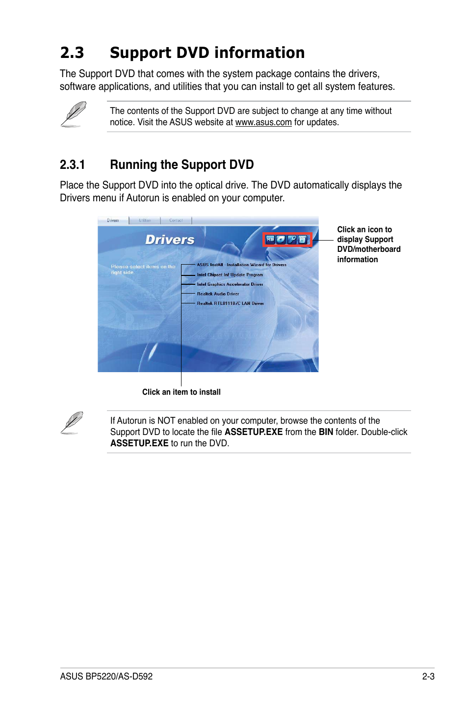 3 support dvd information, 1 running the support dvd, Support dvd information -3 2.3.1 | Running the support dvd -3 | Asus BP5220 User Manual | Page 21 / 74