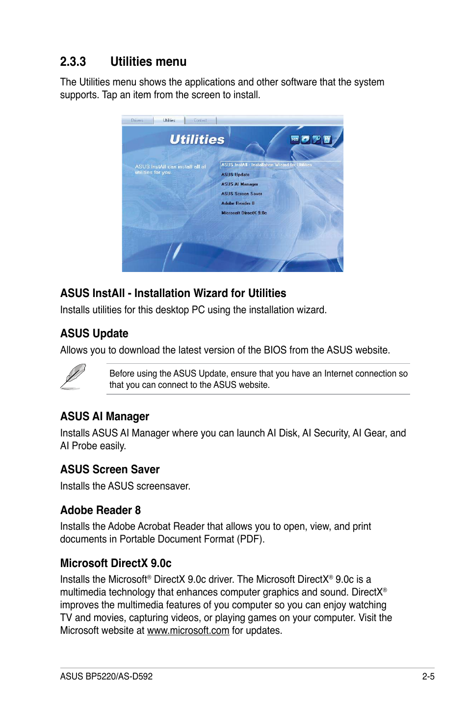 3 utilities menu, Utilities menu -5 | Asus BP5220 User Manual | Page 23 / 74