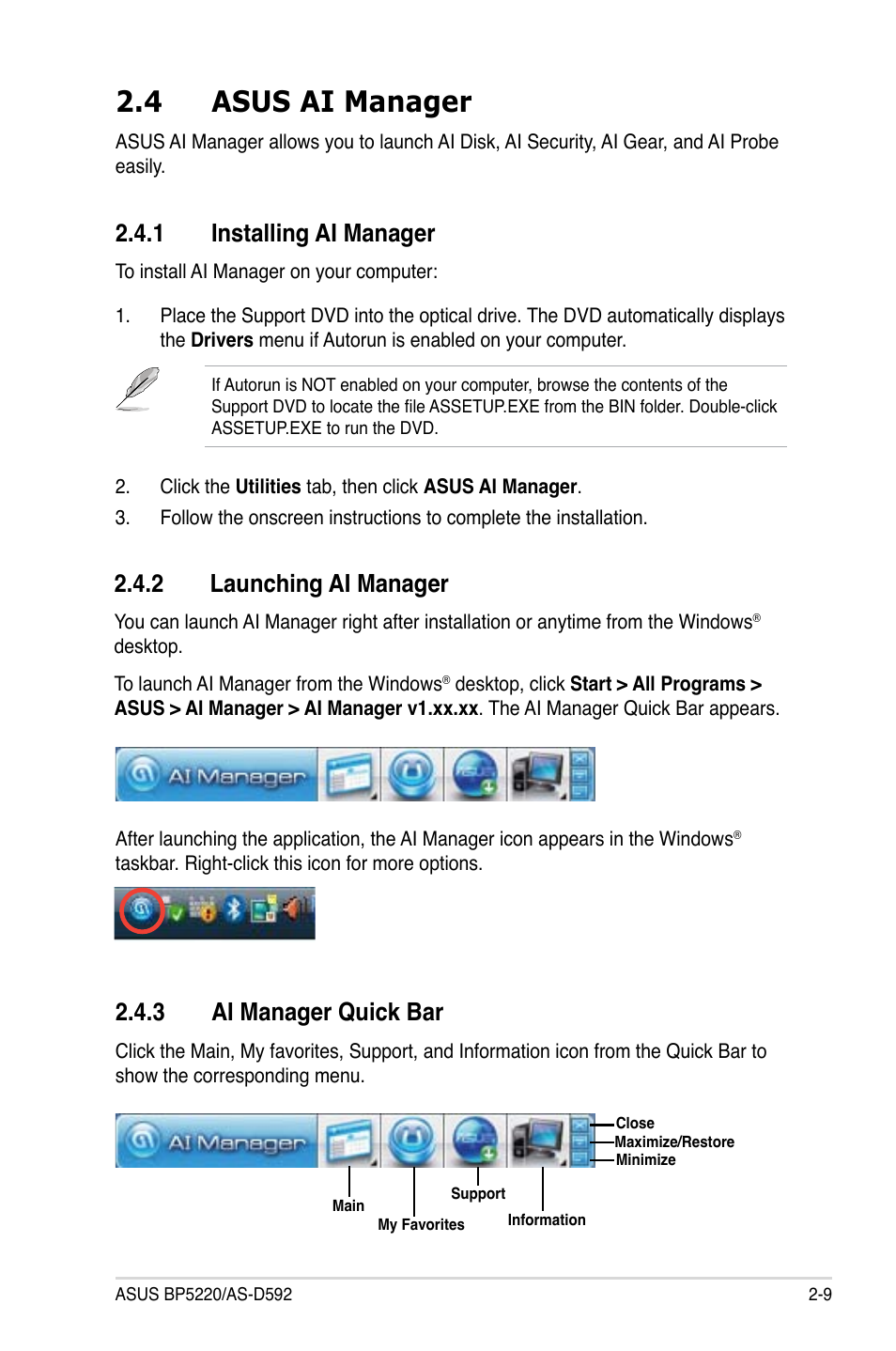 4 asus ai manager, 1 installing ai manager, 2 launching ai manager | 3 ai manager quick bar, Asus ai manager -9 2.4.1, Installing ai manager -9, Launching ai manager -9, Ai manager quick bar -9 | Asus BP5220 User Manual | Page 27 / 74