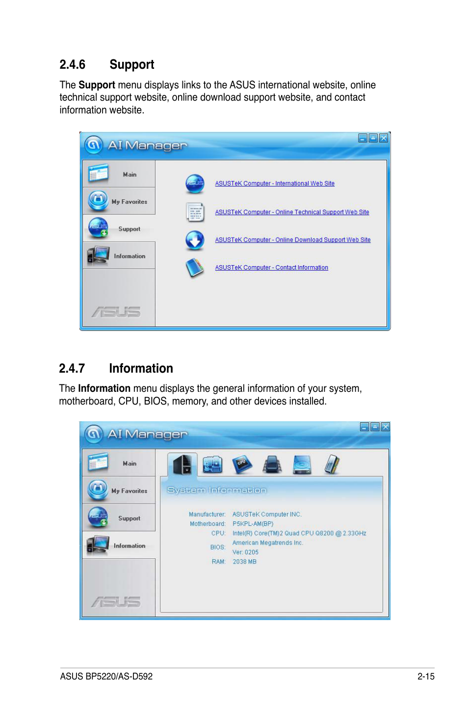 6 support, 7 information, Support -15 | Information -15 | Asus BP5220 User Manual | Page 33 / 74