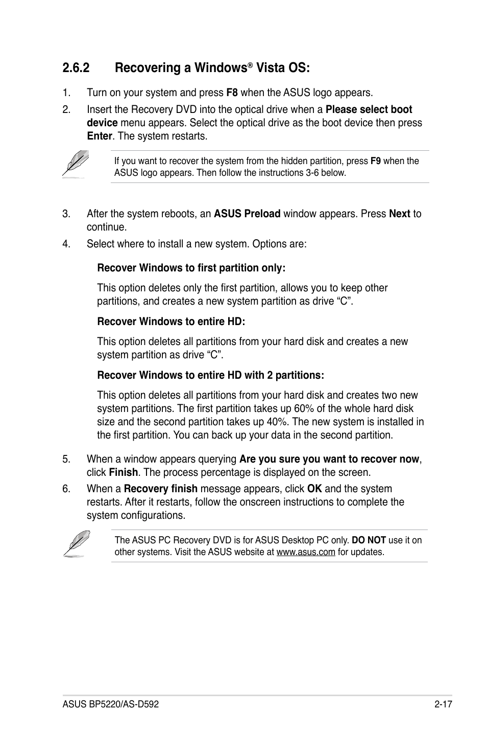 2 recovering a windows® vista os, Recovering a windows, Vista os: -17 | 2 recovering a windows, Vista os | Asus BP5220 User Manual | Page 35 / 74