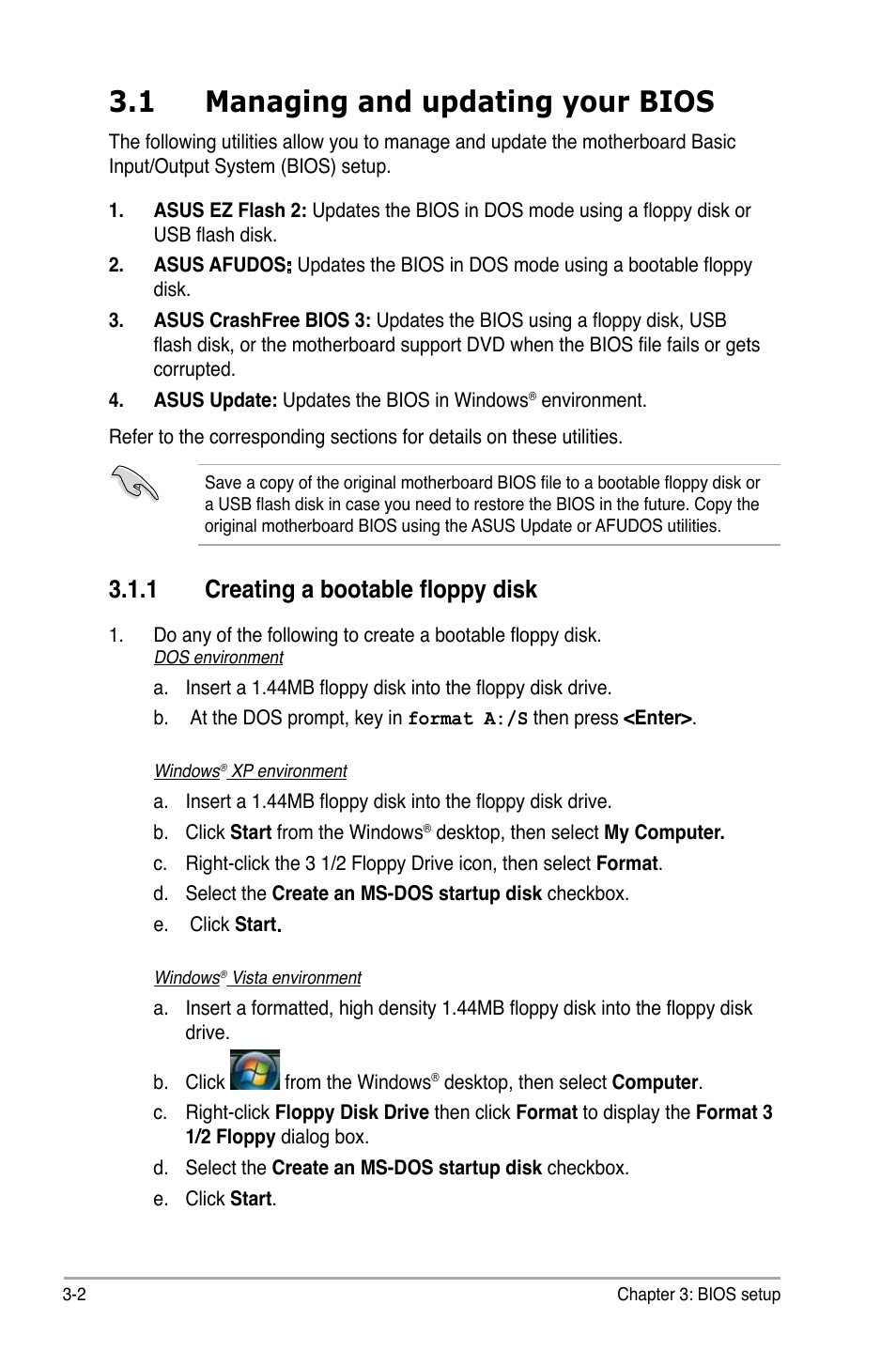 1 managing and updating your bios, 1 creating a bootable floppy disk, Managing and updating your bios -2 3.1.1 | Creating a bootable floppy disk -2 | Asus BP5220 User Manual | Page 38 / 74