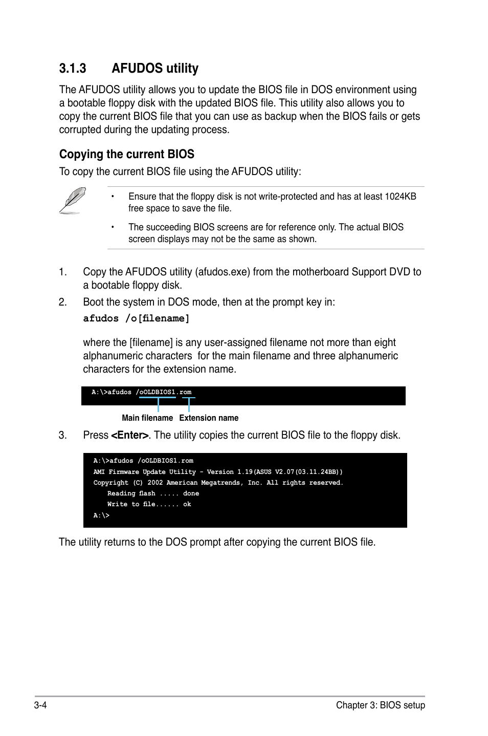 3 afudos utility, Afudos utility -4, Copying the current bios | Asus BP5220 User Manual | Page 40 / 74