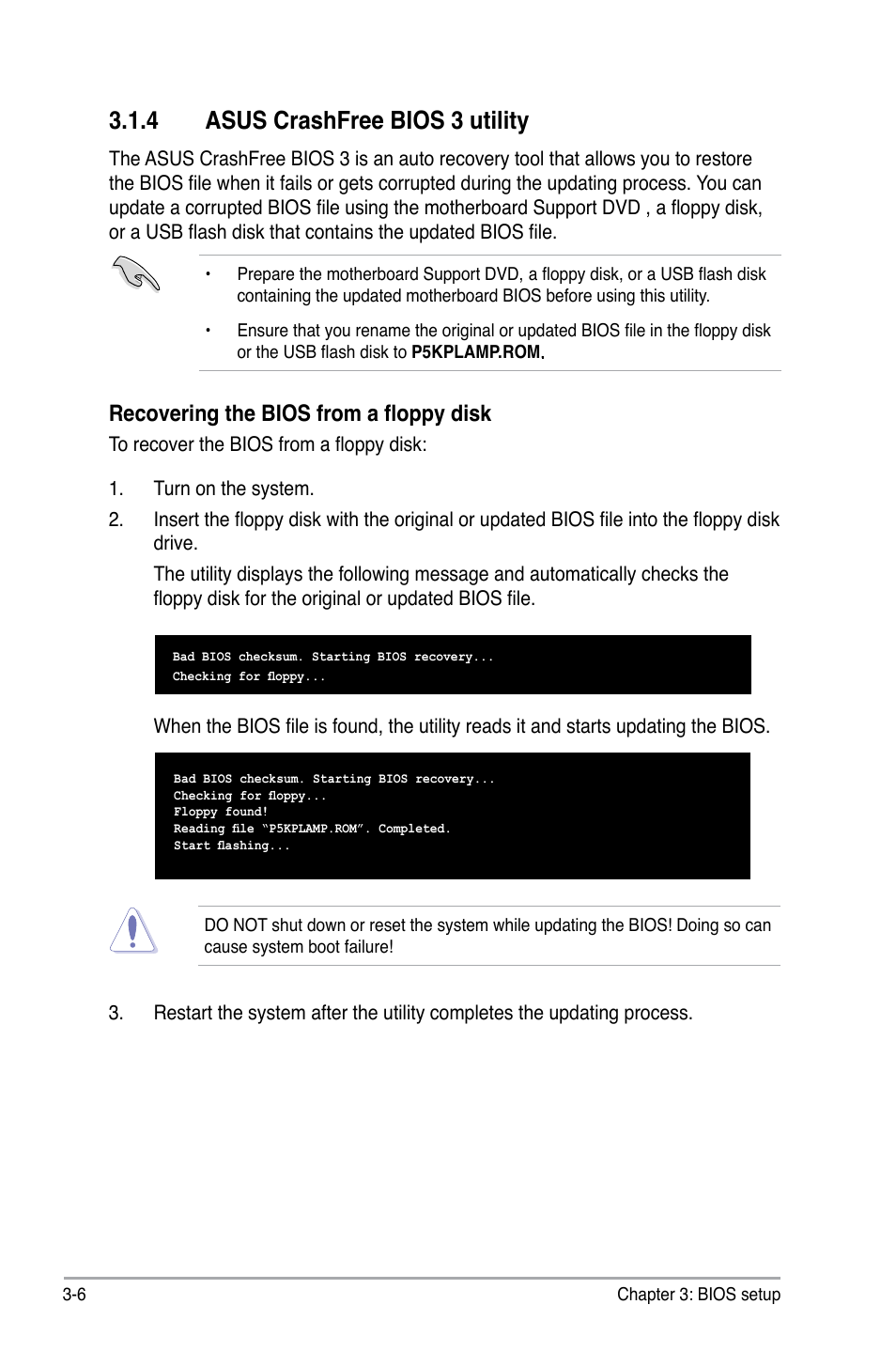 4 asus crashfree bios 3 utility, Asus crashfree bios 3 utility -6, Recovering the bios from a floppy disk | Asus BP5220 User Manual | Page 42 / 74