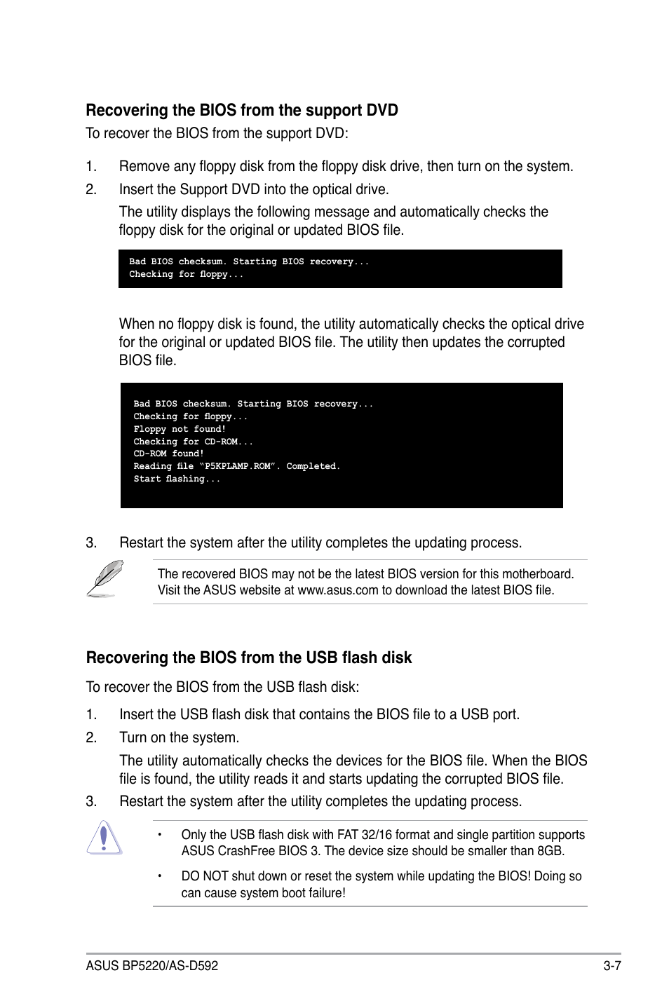 Recovering the bios from the support dvd, Recovering the bios from the usb flash disk | Asus BP5220 User Manual | Page 43 / 74