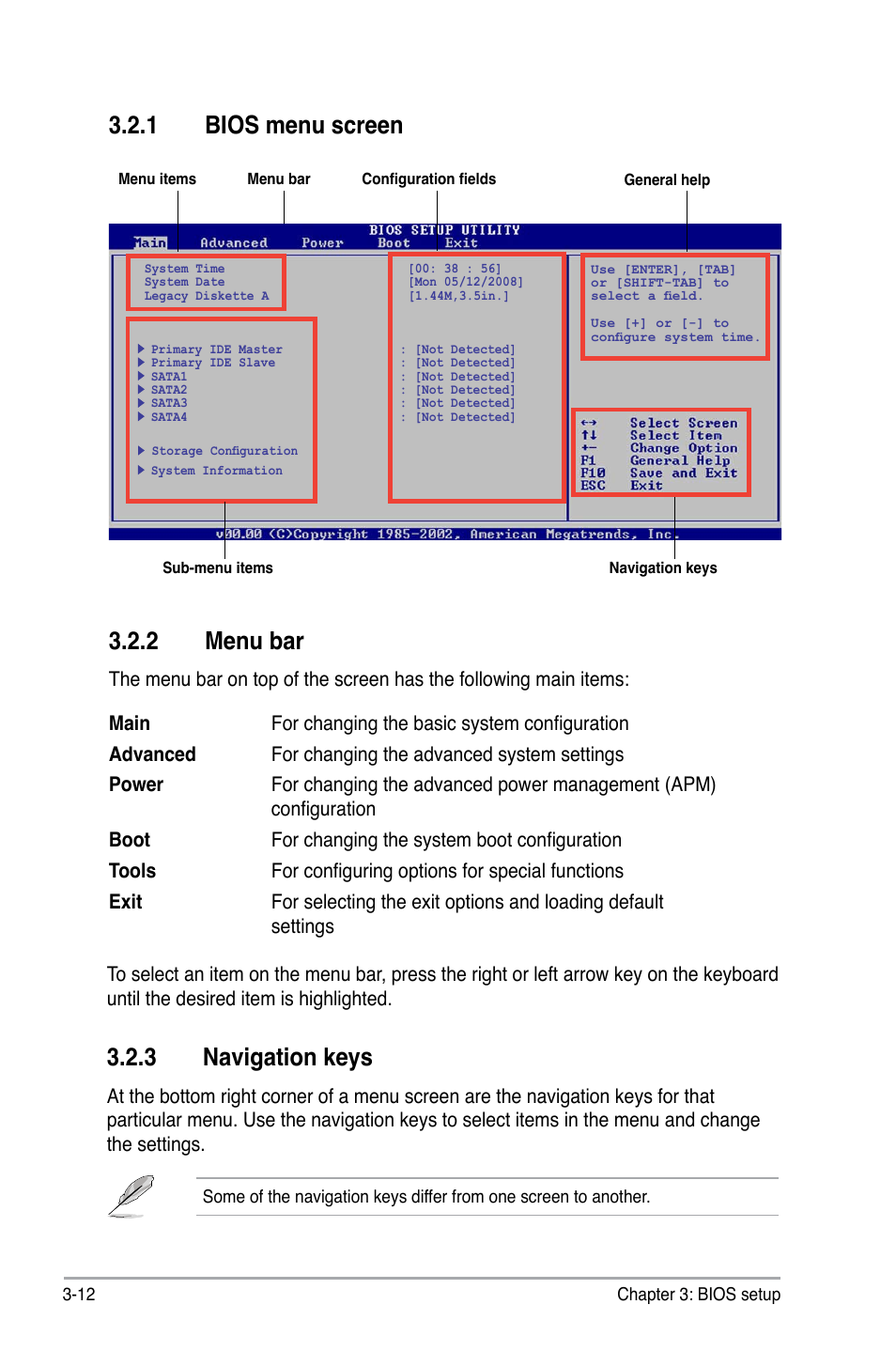 1 bios menu screen, 2 menu bar, 3 navigation keys | Bios menu screen -12, Menu bar -12, Navigation keys -12 | Asus BP5220 User Manual | Page 48 / 74