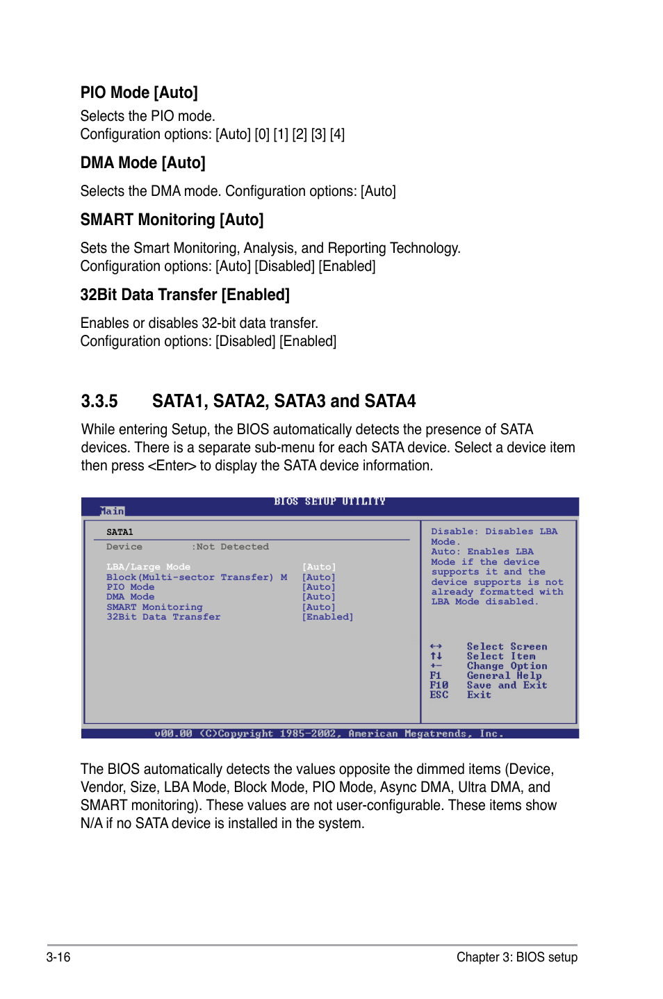 5 sata1, sata2, sata3 and sata4, Sata1, sata2, sata3 and sata4 -16, Pio mode [auto | Dma mode [auto, Smart monitoring [auto, 32bit data transfer [enabled | Asus BP5220 User Manual | Page 52 / 74