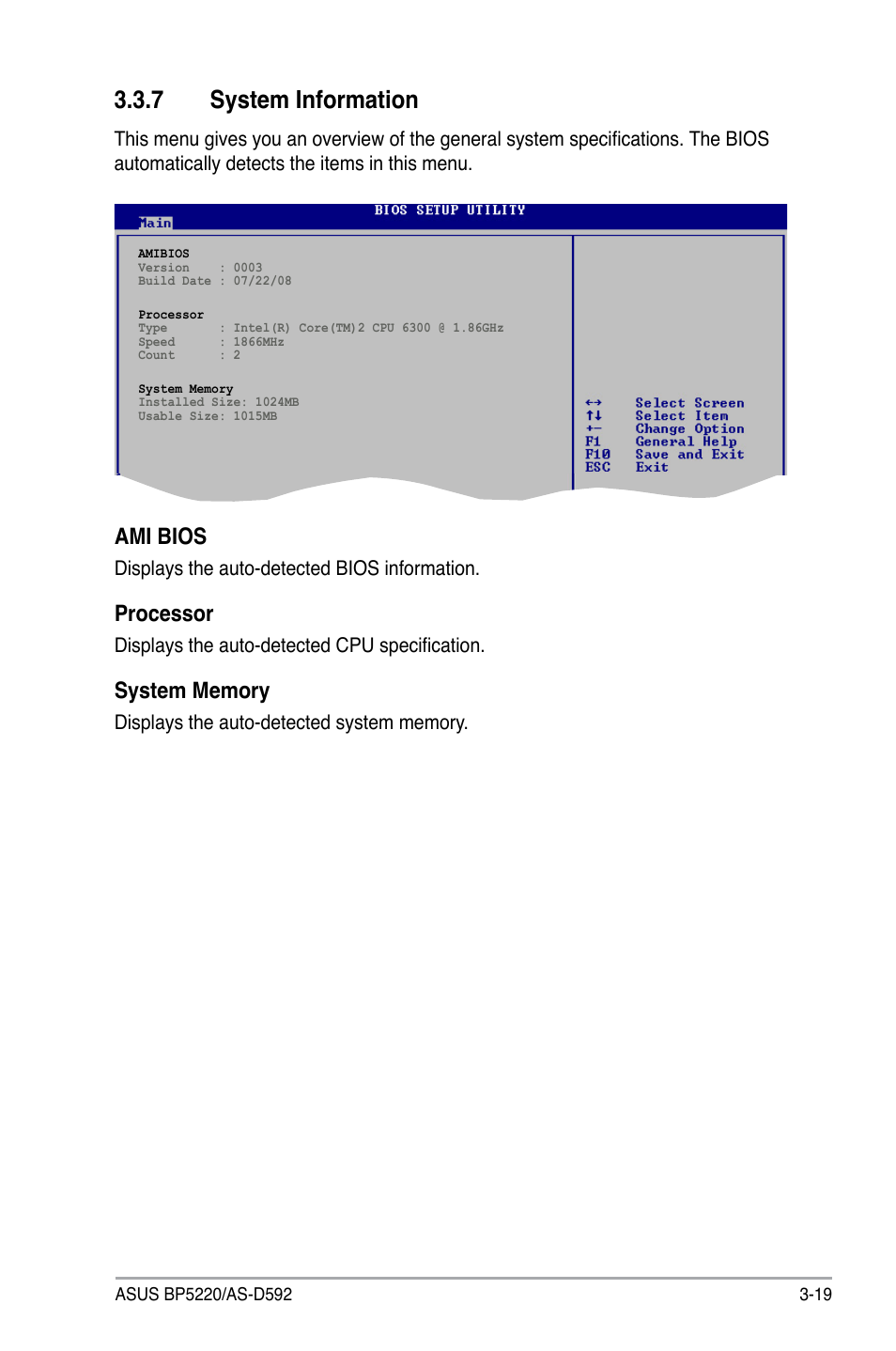 7 system information, System information -19, Ami bios | Processor | Asus BP5220 User Manual | Page 55 / 74