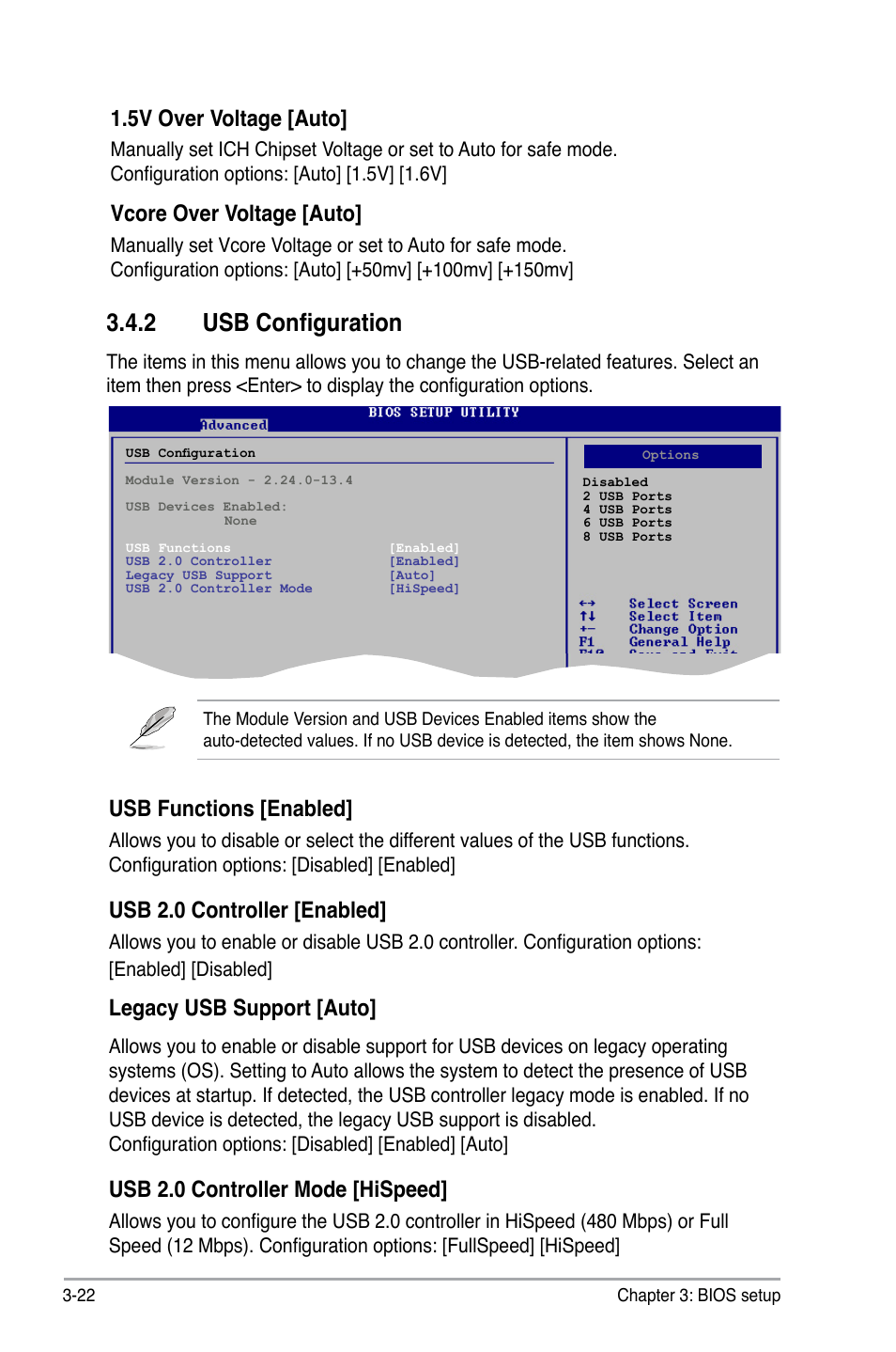 2 usb configuration, Usb configuration -22, Usb functions [enabled | Usb 2.0 controller [enabled, Legacy usb support [auto, Usb 2.0 controller mode [hispeed, 5v over voltage [auto, Vcore over voltage [auto | Asus BP5220 User Manual | Page 58 / 74