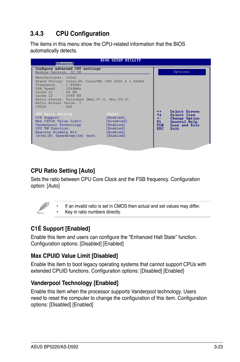 3 cpu configuration, Cpu configuration -23, Cpu ratio setting [auto | C1é support [enabled, Max cpuid value limit [disabled, Vanderpool technology [enabled | Asus BP5220 User Manual | Page 59 / 74