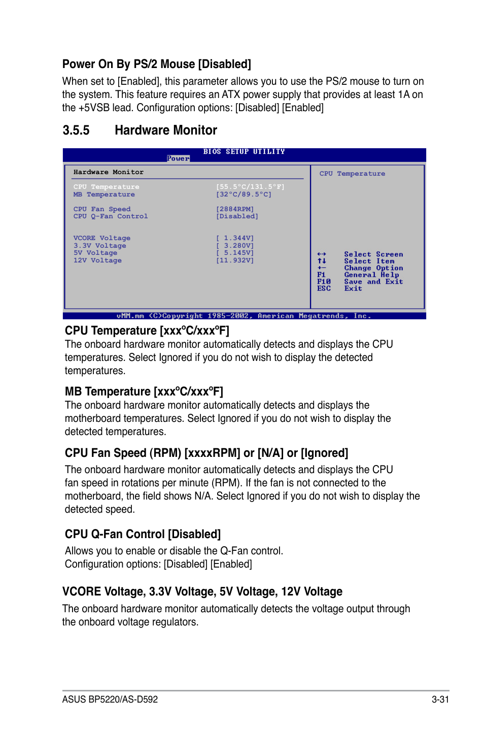 5 hardware monitor, Hardware monitor -31, Cpu temperature [xxxºc/xxxºf | Mb temperature [xxxºc/xxxºf, Cpu q-fan control [disabled, Power on by ps/2 mouse [disabled | Asus BP5220 User Manual | Page 67 / 74