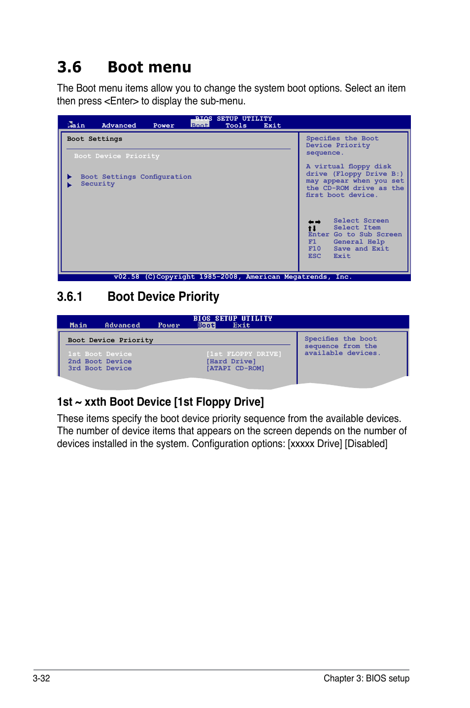 6 boot menu, 1 boot device priority, Boot menu -32 3.6.1 | Boot device priority -32, 1st ~ xxth boot device [1st floppy drive | Asus BP5220 User Manual | Page 68 / 74