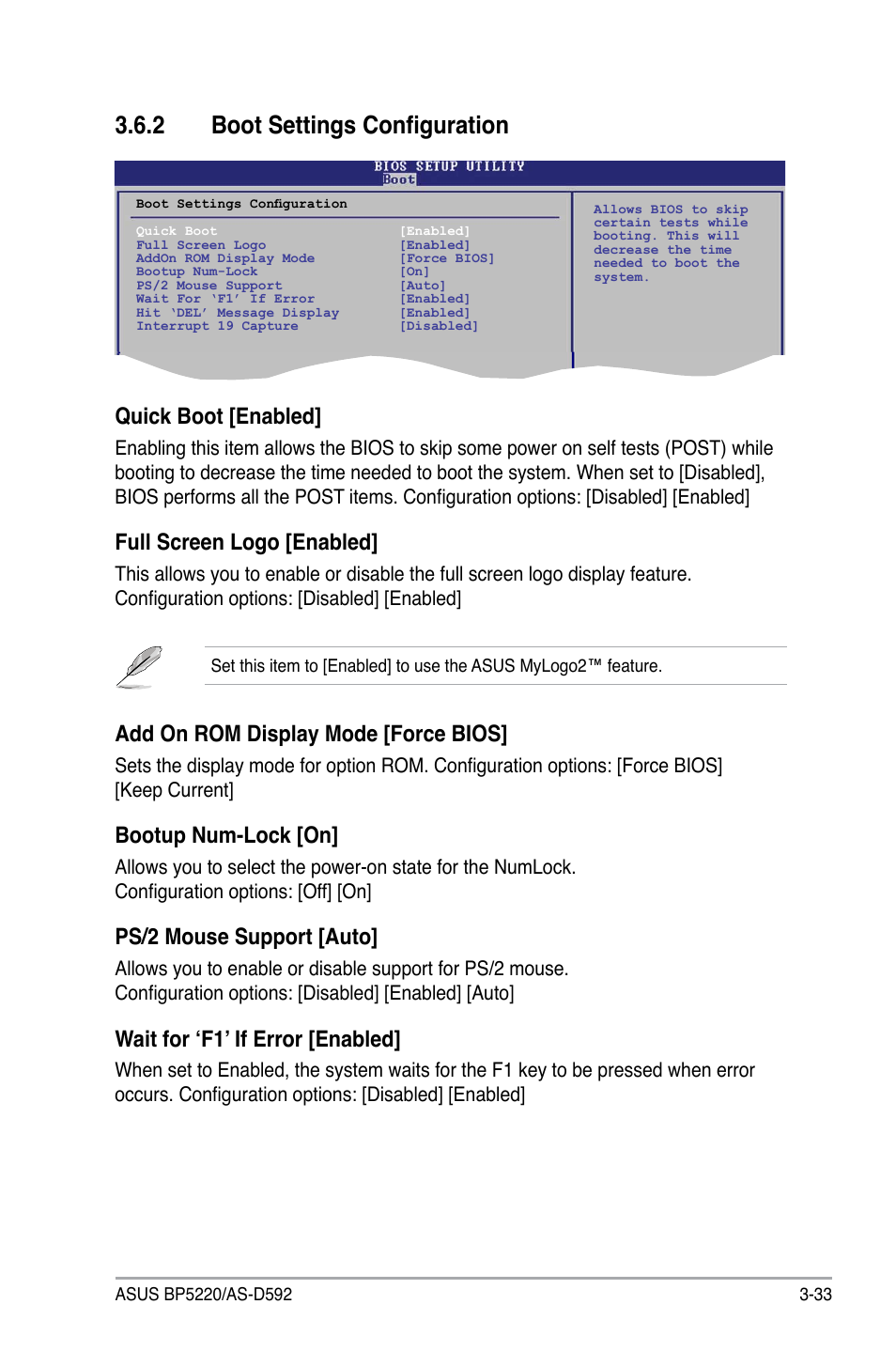 2 boot settings configuration, Boot settings configuration -33, Quick boot [enabled | Full screen logo [enabled, Add on rom display mode [force bios, Bootup num-lock [on, Ps/2 mouse support [auto, Wait for ‘f1’ if error [enabled | Asus BP5220 User Manual | Page 69 / 74