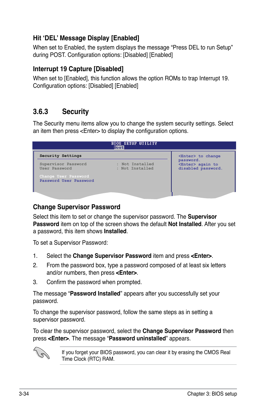 3 security, Security -34, Hit ‘del’ message display [enabled | Interrupt 19 capture [disabled, Change supervisor password | Asus BP5220 User Manual | Page 70 / 74