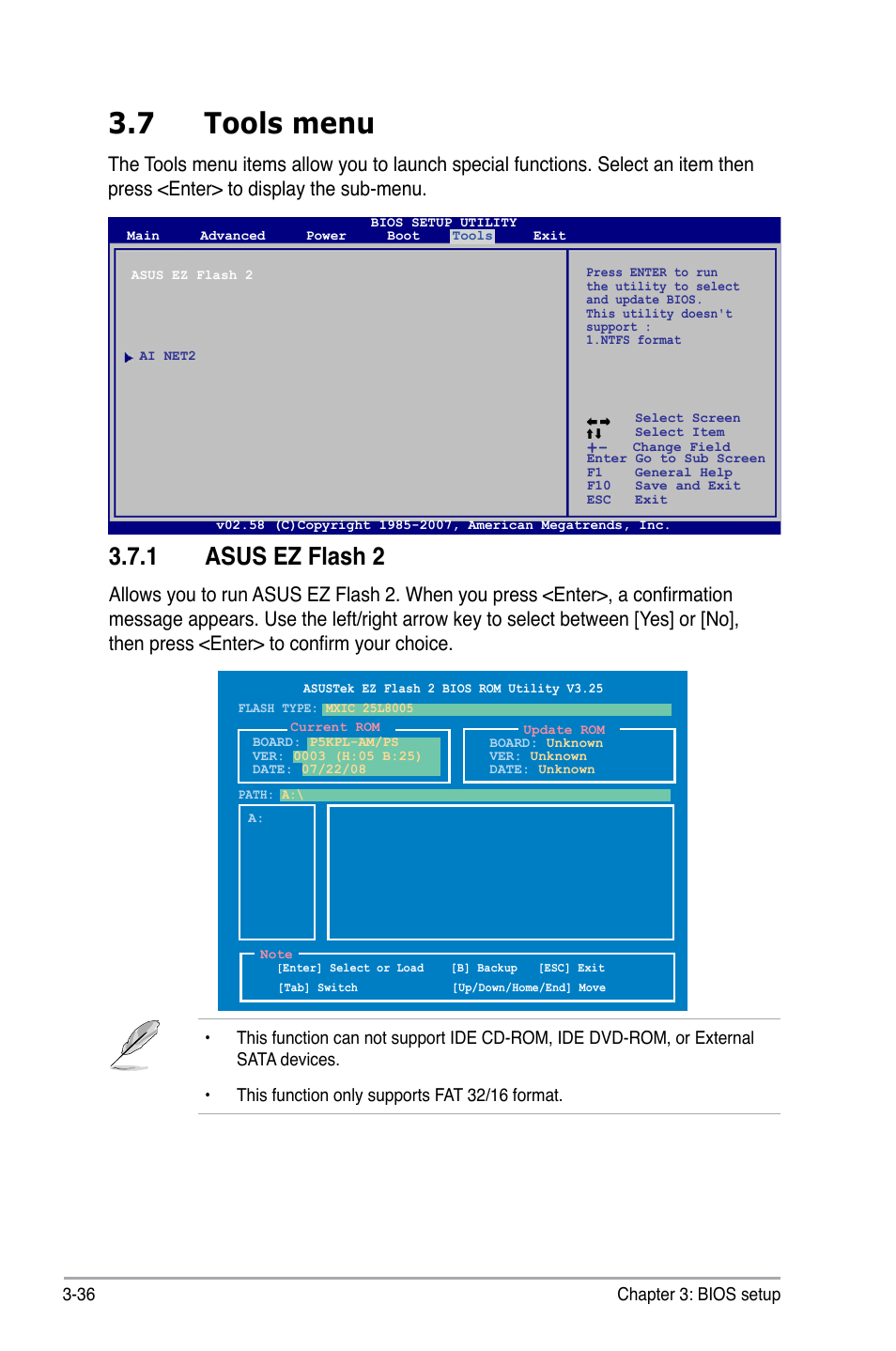 7 tools menu, 1 asus ez flash 2, Tools menu -36 3.7.1 | Asus ez flash 2 -36 | Asus BP5220 User Manual | Page 72 / 74