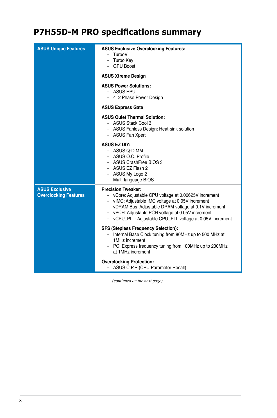 P7h55d-m pro specifications summary | Asus P7H55D-M PRO User Manual | Page 12 / 104