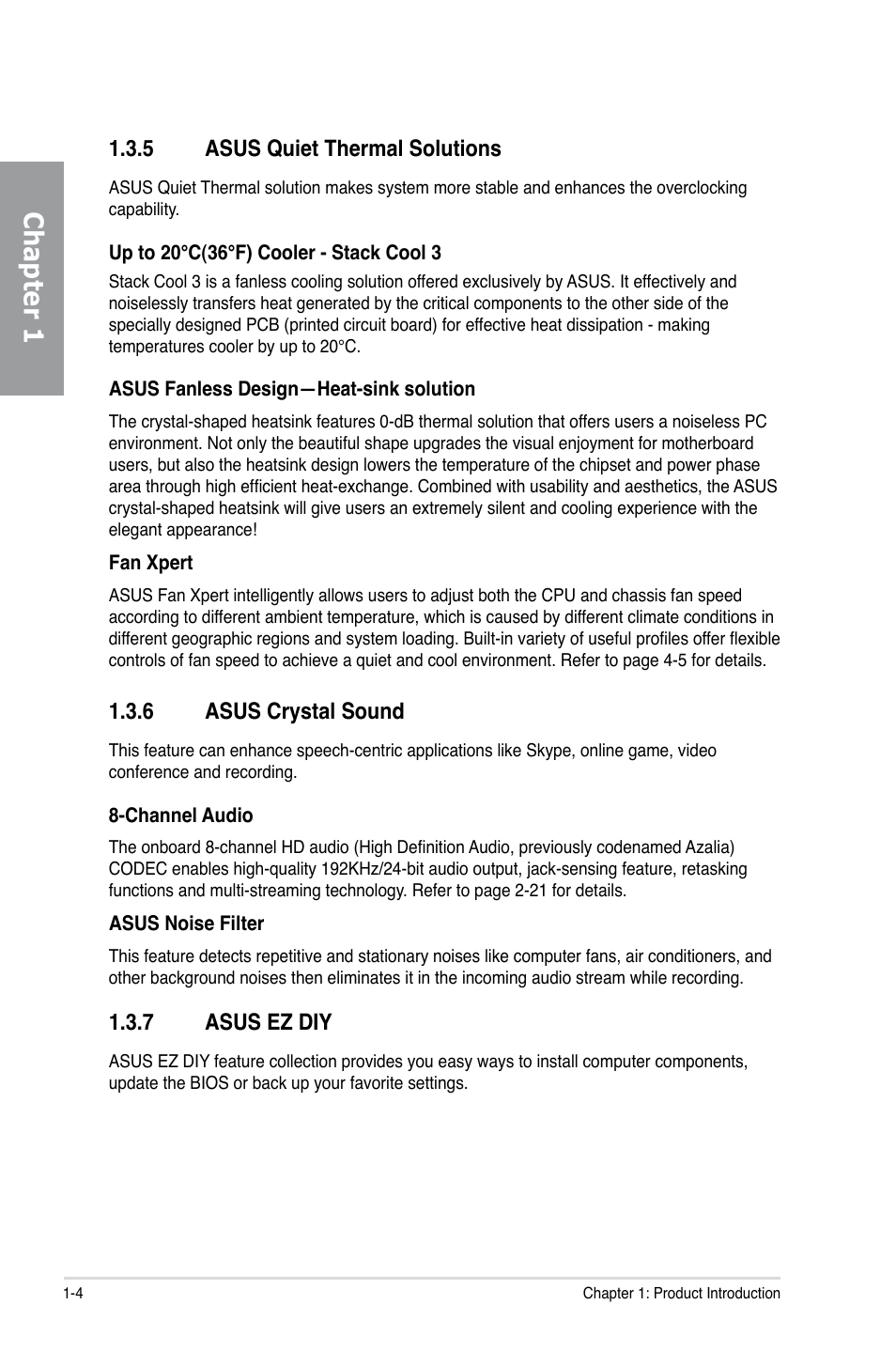 5 asus quiet thermal solutions, 6 asus crystal sound, 7 asus ez diy | Asus quiet thermal solutions -4, Asus crystal sound -4, Asus ez diy -4, Chapter 1 | Asus P7H55D-M PRO User Manual | Page 18 / 104