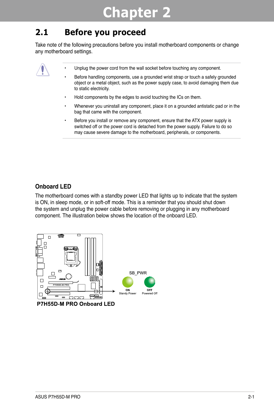 Chapter 2: hardware information, 1 before you proceed, Chapter 2 | Hardware information, Before you proceed -1 | Asus P7H55D-M PRO User Manual | Page 21 / 104