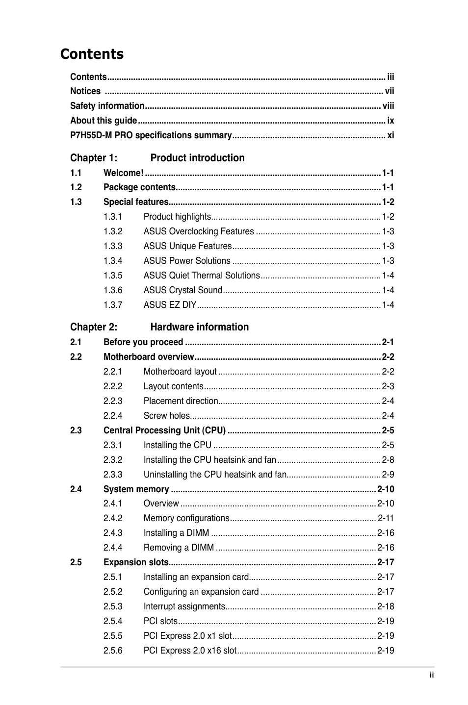 Asus P7H55D-M PRO User Manual | Page 3 / 104