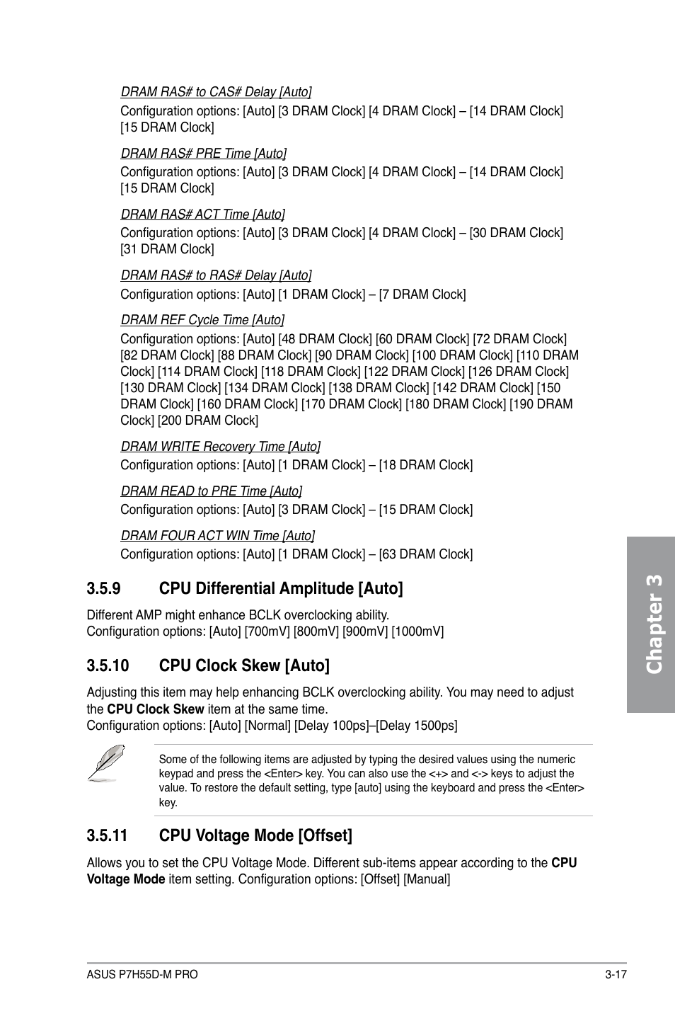 9 cpu differential amplitude [auto, 10 cpu clock skew [auto, 11 cpu voltage mode [offset | Cpu differential amplitude -17, Cpu clock skew -17, Cpu voltage mode -17, Chapter 3 | Asus P7H55D-M PRO User Manual | Page 71 / 104