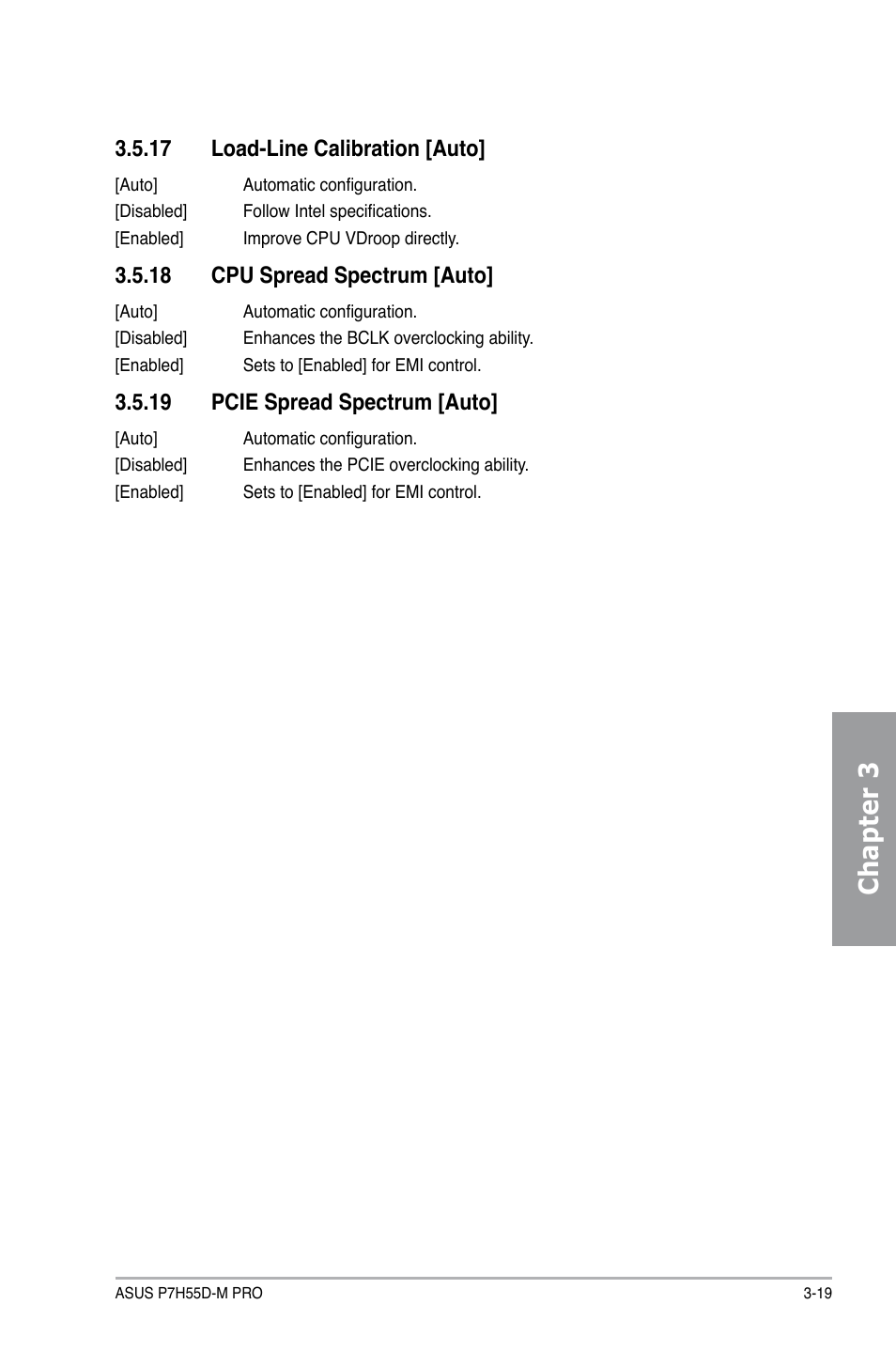 17 load-line calibration [auto, 18 cpu spread spectrum [auto, 19 pcie spread spectrum [auto | Load-line calibration -19, Cpu spread spectrum -19, Pcie spread spectrum -19, Chapter 3 | Asus P7H55D-M PRO User Manual | Page 73 / 104