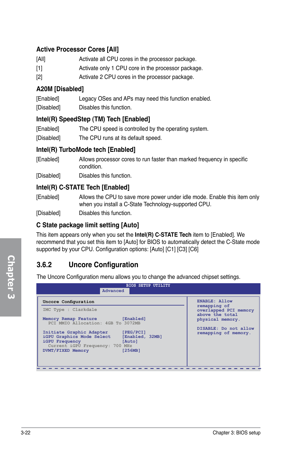 2 uncore configuration, Uncore configuration -22, Chapter 3 | Active processor cores [all, A20m [disabled, Intel(r) speedstep (tm) tech [enabled, Intel(r) turbomode tech [enabled, Intel(r) c-state tech [enabled, C state package limit setting [auto | Asus P7H55D-M PRO User Manual | Page 76 / 104
