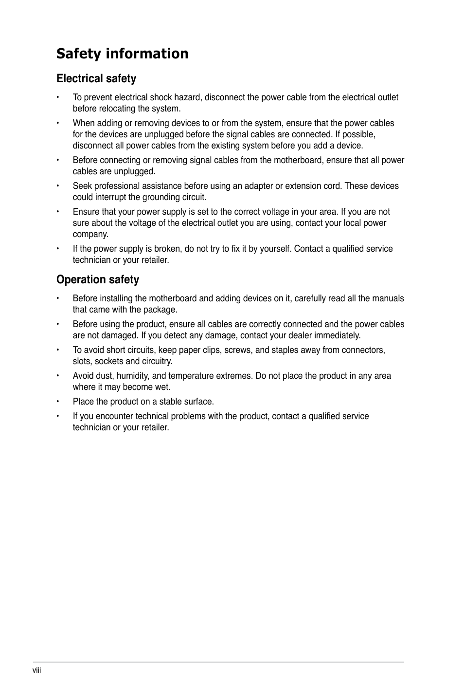 Safety information, Electrical safety, Operation safety | Asus P7H55D-M PRO User Manual | Page 8 / 104