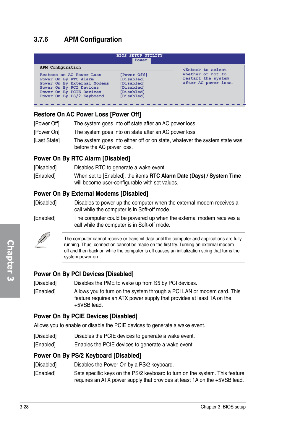 6 apm configuration, Apm configuration -28, Chapter 3 | Asus P7H55D-M PRO User Manual | Page 82 / 104