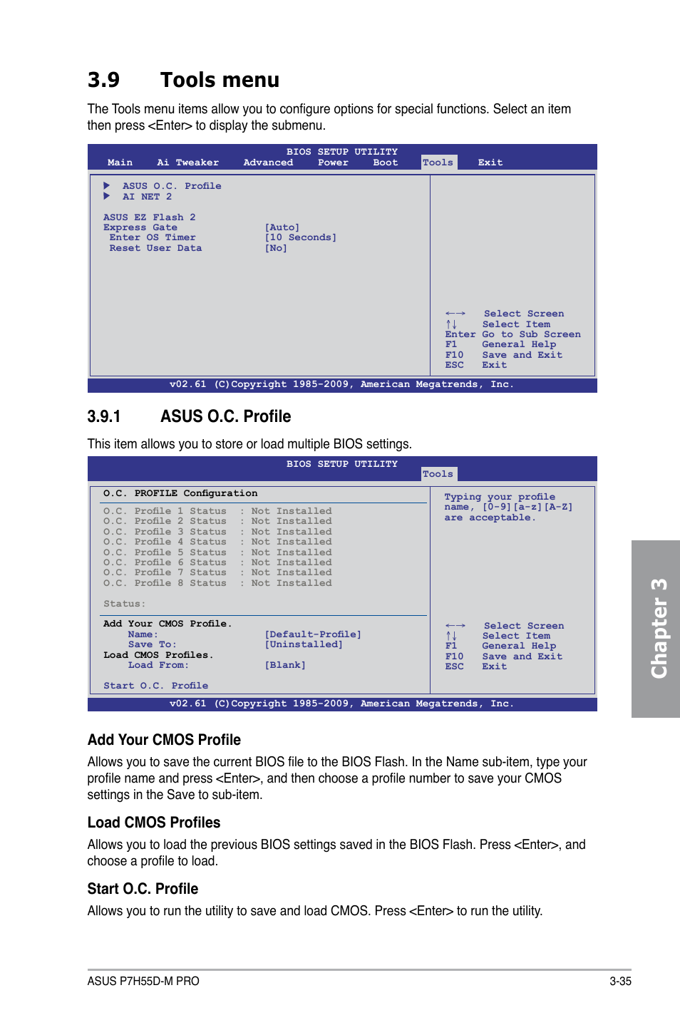 9 tools menu, 1 asus o.c. profile, Tools menu -35 3.9.1 | Asus o.c. profile -35, Chapter 3 3.9 tools menu, Add your cmos profile, Load cmos profiles, Start o.c. profile | Asus P7H55D-M PRO User Manual | Page 89 / 104