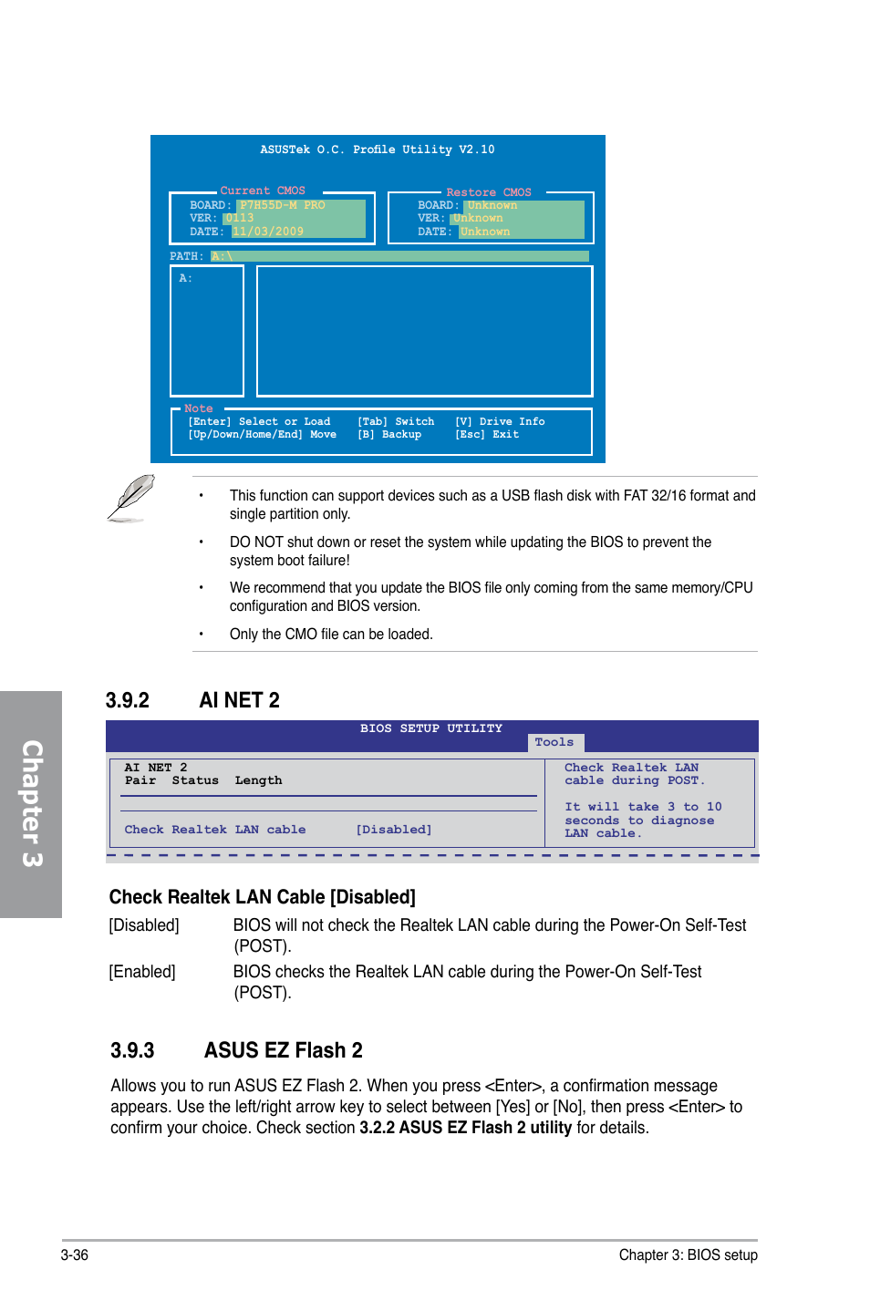 2 ai net 2, 3 asus ez flash 2, Ai net 2 -36 | Asus ez flash 2 -36, Chapter 3, Check realtek lan cable [disabled | Asus P7H55D-M PRO User Manual | Page 90 / 104