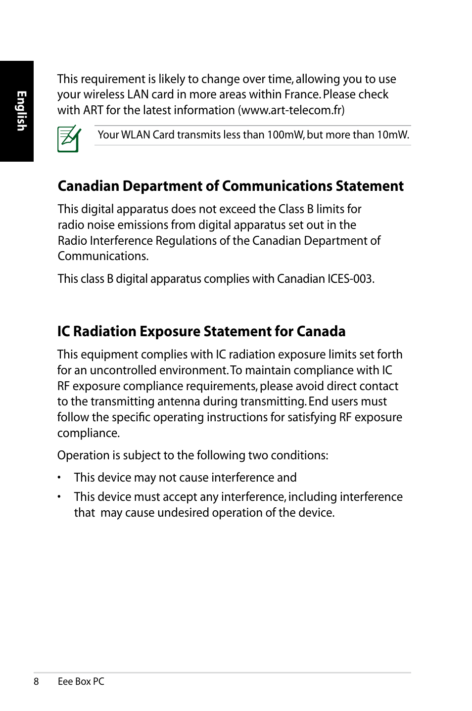 Canadian department of communications statement, Ic radiation exposure statement for canada | Asus EB1012 User Manual | Page 10 / 130