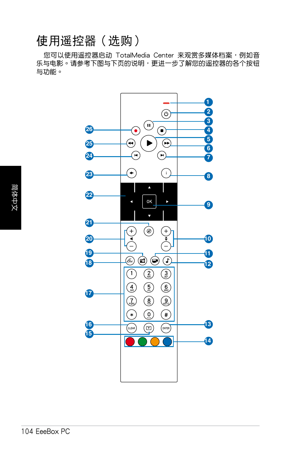 使用遥控器（选购, 使用遙控器（選購, 104 eeebox pc | Asus EB1012 User Manual | Page 106 / 130