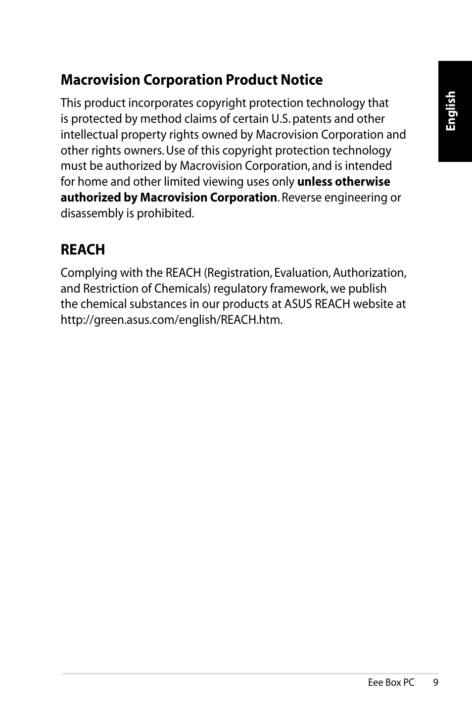 Macrovision corporation product notice, Reach | Asus EB1012 User Manual | Page 11 / 130