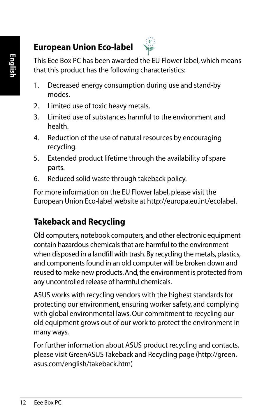 European union eco-label, Takeback and recycling | Asus EB1012 User Manual | Page 14 / 130