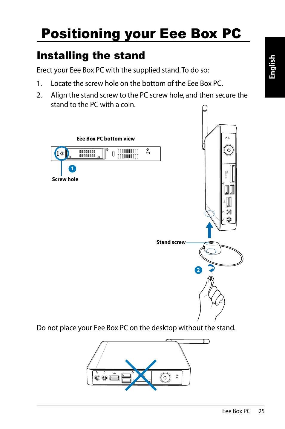 Positioning your eee box pc, Installing the stand | Asus EB1012 User Manual | Page 27 / 130