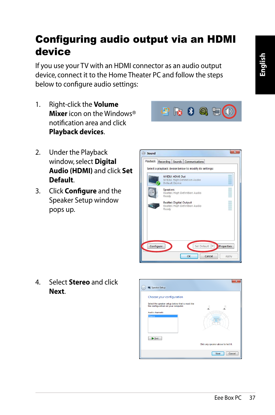 Configuring audio output via an hdmi device | Asus EB1012 User Manual | Page 39 / 130