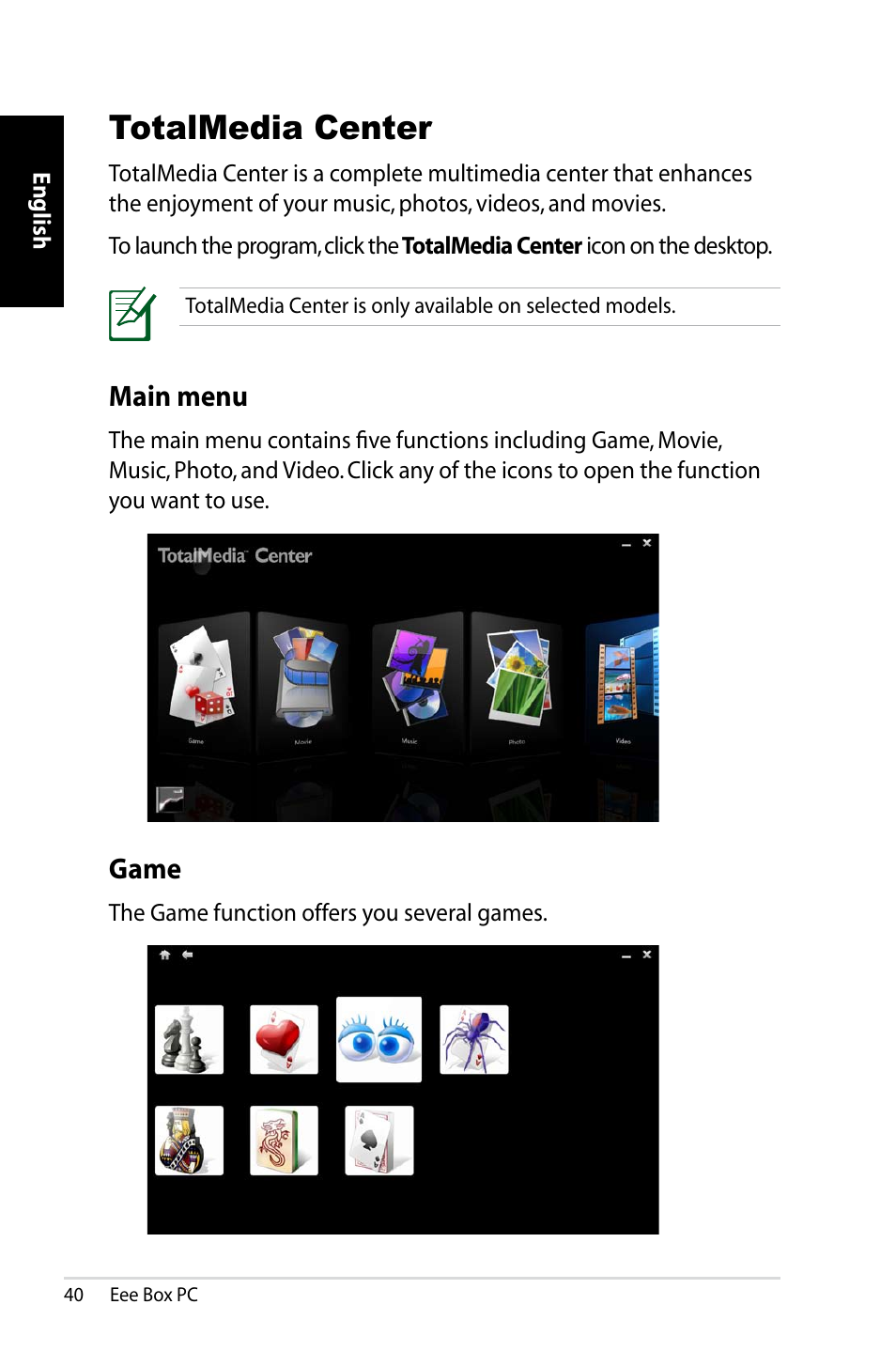 Totalmedia center, Main menu, Game | Asus EB1012 User Manual | Page 42 / 130