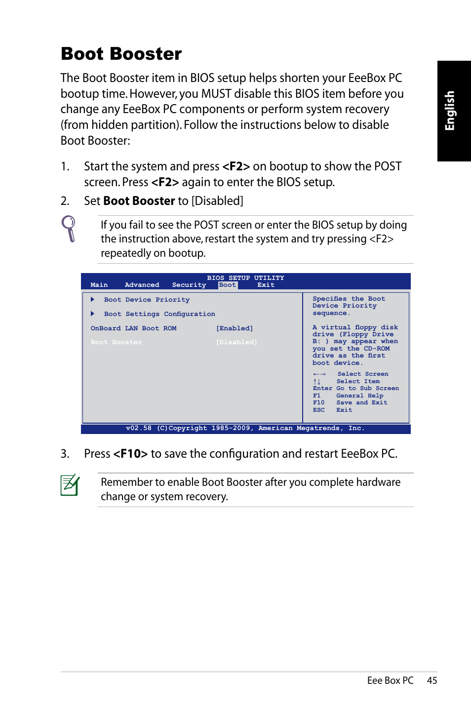 Boot booster, English, Eee box pc 45 | Asus EB1012 User Manual | Page 47 / 130