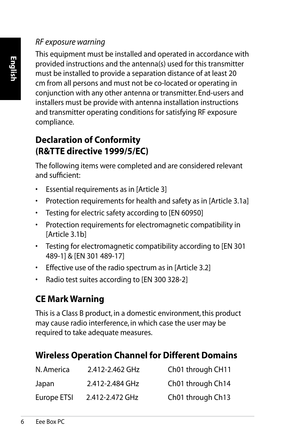 Ce mark warning, Wireless operation channel for different domains | Asus EB1012 User Manual | Page 8 / 130