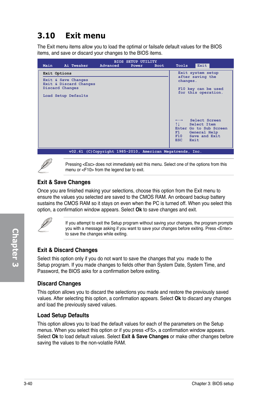 Chapter 3 3.10 exit menu, Exit & save changes, Exit & discard changes | Discard changes, Load setup defaults | Asus P6X58-E PRO User Manual | Page 100 / 130