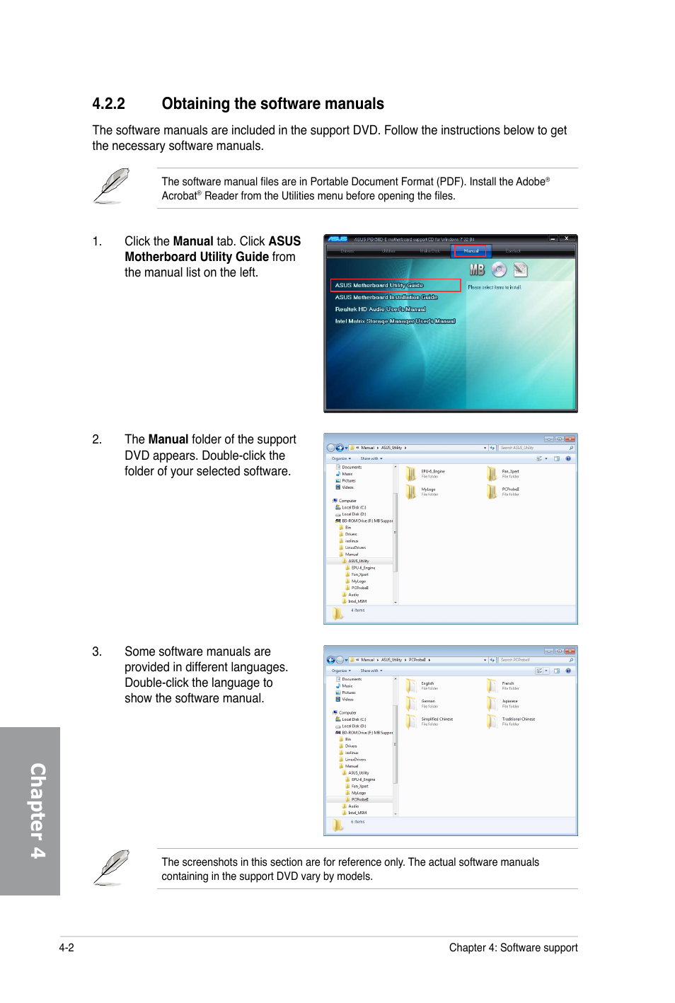 Chapter 4, 2 obtaining the software manuals | Asus P6X58-E PRO User Manual | Page 102 / 130