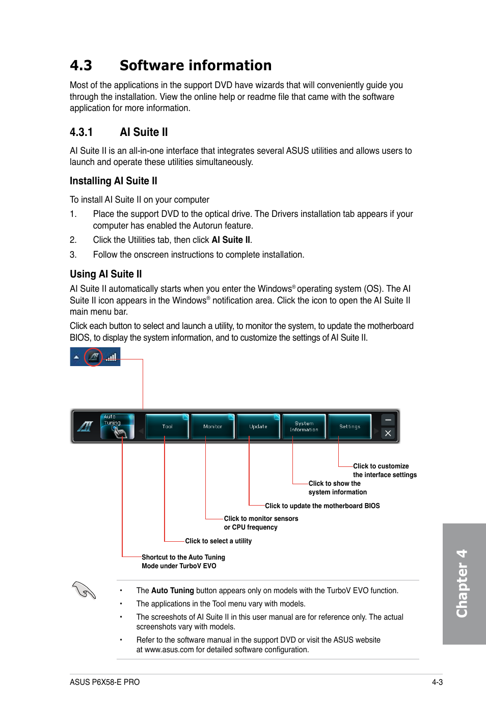 Chapter 4 4.3 software information, 1 ai suite ii | Asus P6X58-E PRO User Manual | Page 103 / 130