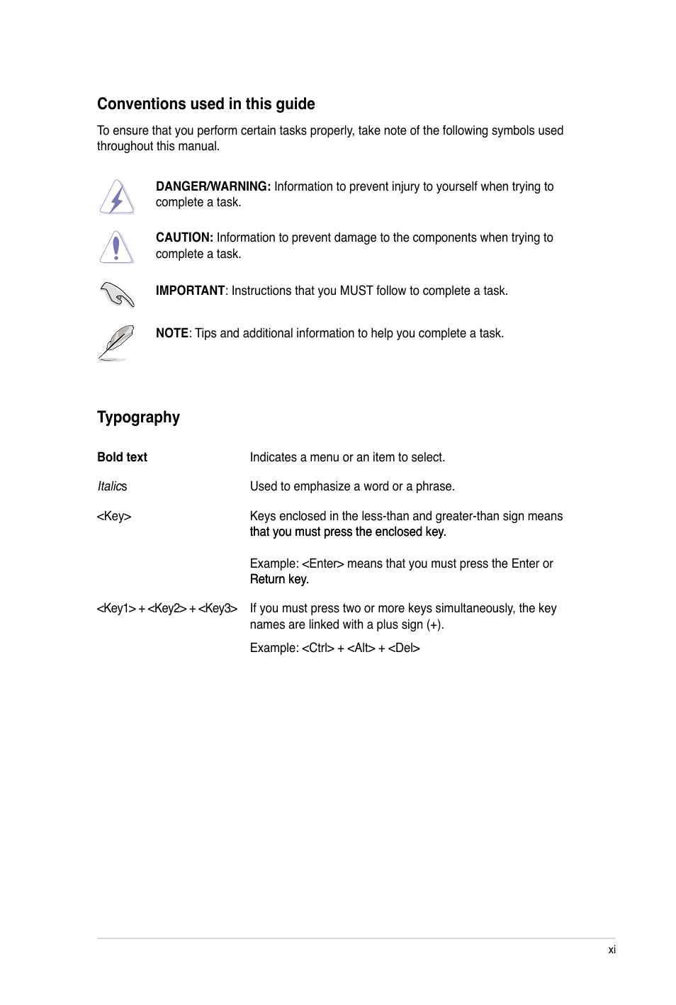 Conventions used in this guide, Typography | Asus P6X58-E PRO User Manual | Page 11 / 130