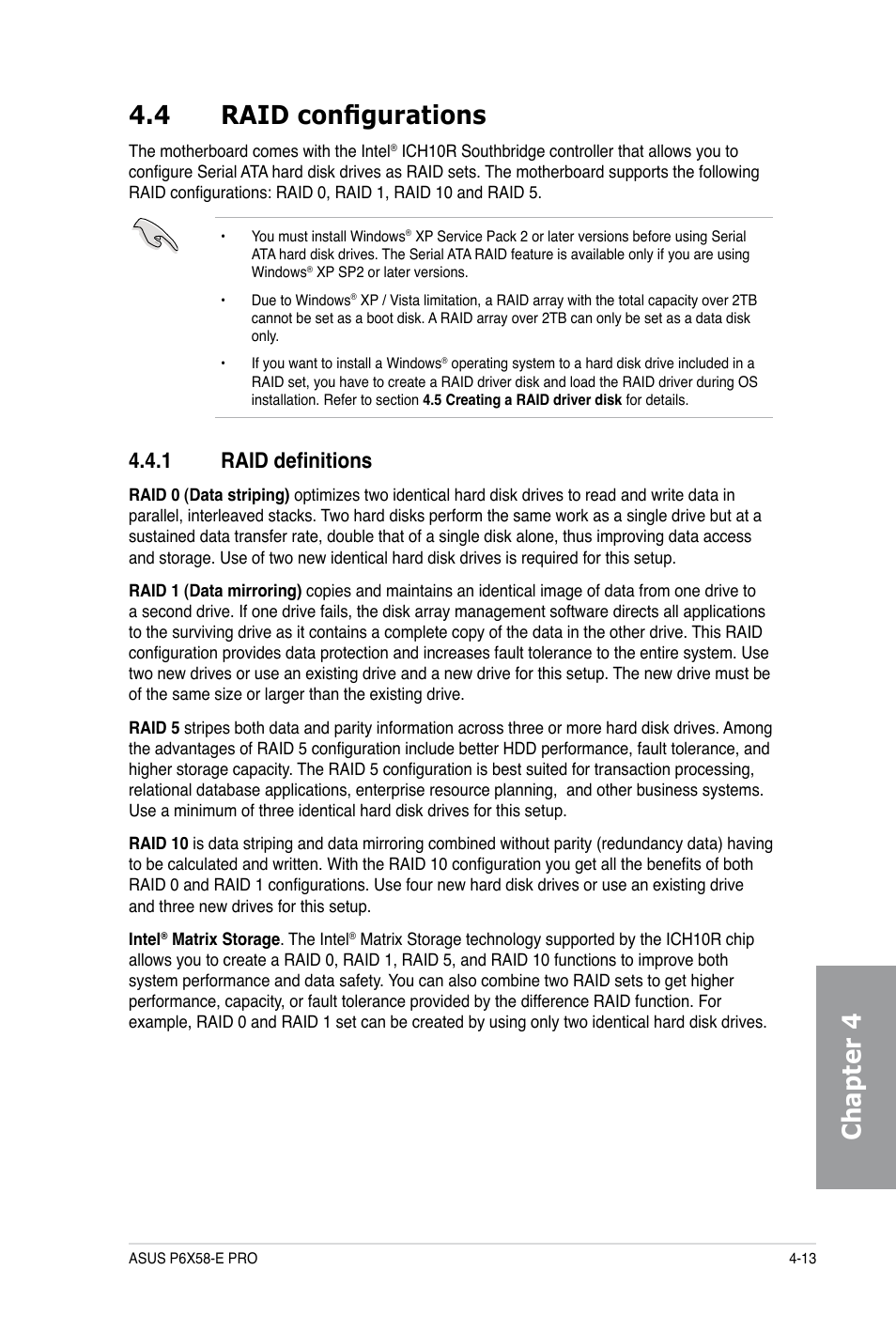 Chapter 4 4.4 raid configurations, 1 raid definitions | Asus P6X58-E PRO User Manual | Page 113 / 130