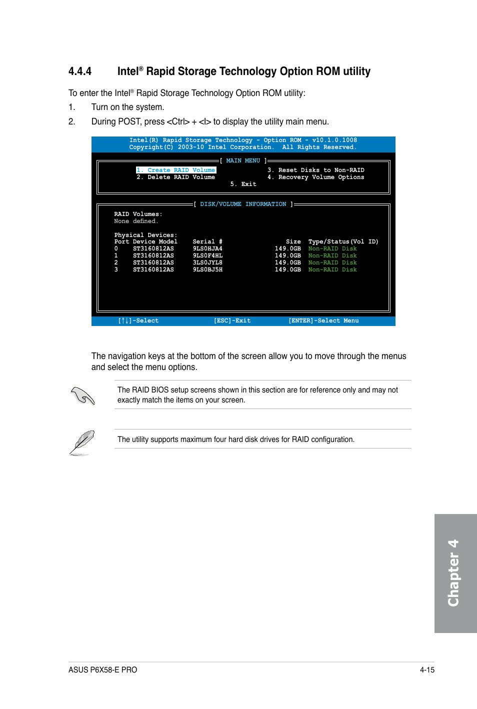 Chapter 4, 4 intel, Rapid storage technology option rom utility | Asus P6X58-E PRO User Manual | Page 115 / 130