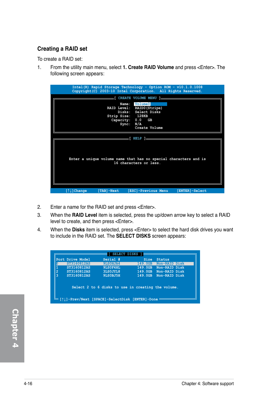 Chapter 4, Creating a raid set | Asus P6X58-E PRO User Manual | Page 116 / 130