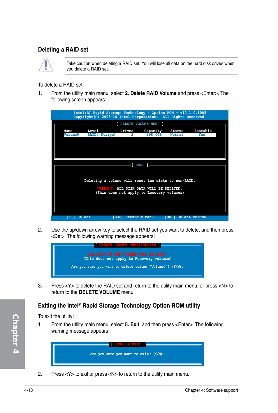 Chapter 4, Deleting a raid set, Exiting the intel | Rapid storage technology option rom utility | Asus P6X58-E PRO User Manual | Page 118 / 130